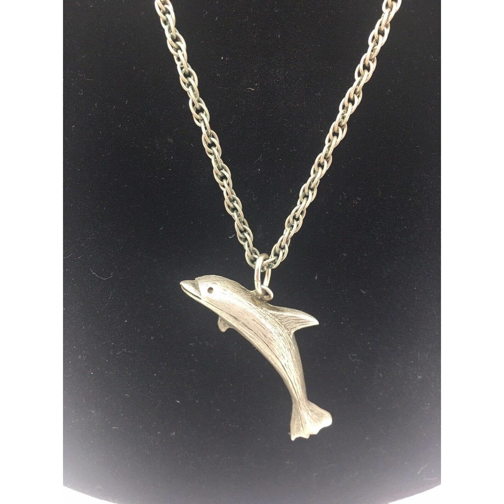 1977 Hallmarked AA Dolphin Silver Pewter Charm 24” Necklace Pendant Jewelry